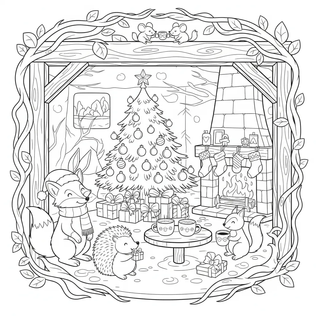 ai generated image of a christmas coloring page for kids featuring woodland creatures in a cozy space decorated for christmas