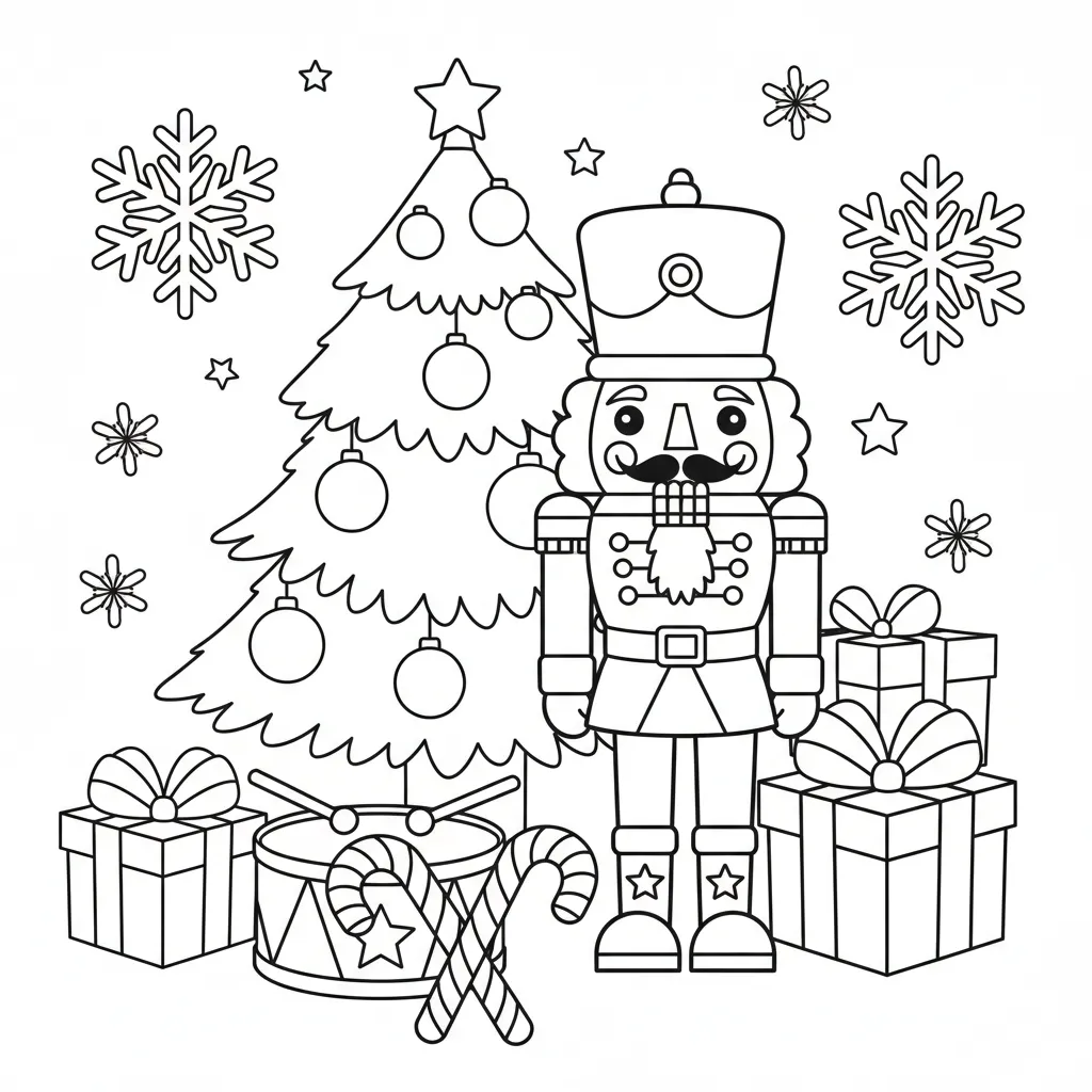 ai generated image of a christmas coloring page for kids featuring a nutcracker