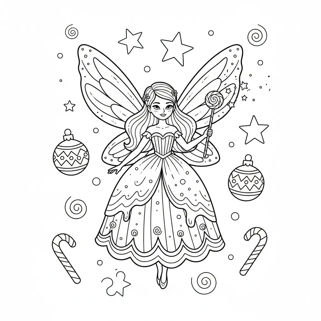 ai generated image of a christmas coloring page for kids of a sugar plum fairy