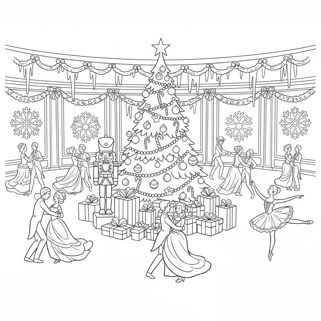 ai generated image of a christmas coloring page for kids of a nutcracker themed ballet