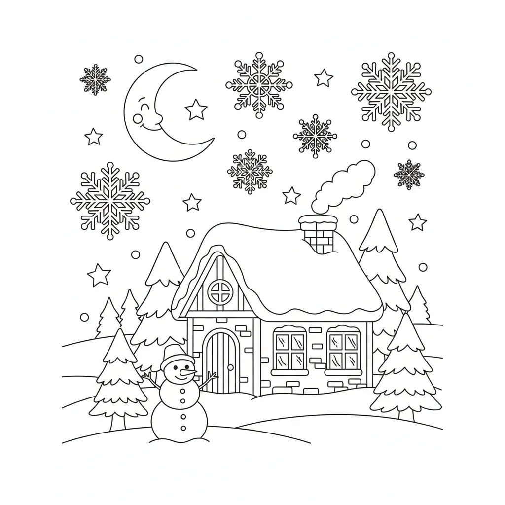 ai generated image of a christmas coloring page for kids of a cozy christmas cottage