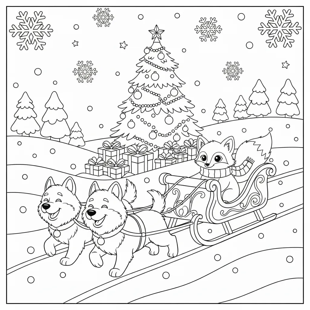 ai generated image of a christmas coloring page for kids of dogs pulling a sleigh with a christmas tree in the background