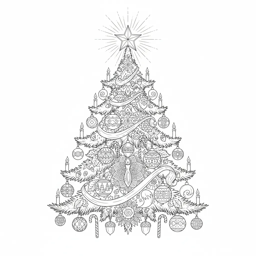 ai generated image of an intricate christmas tree coloring page