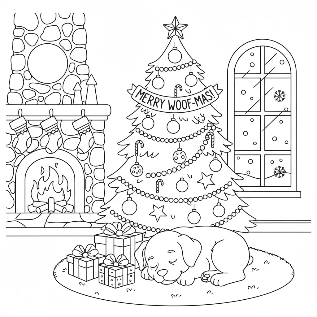 ai generated image of a christmas tree coloring page with a dog curled up underneath