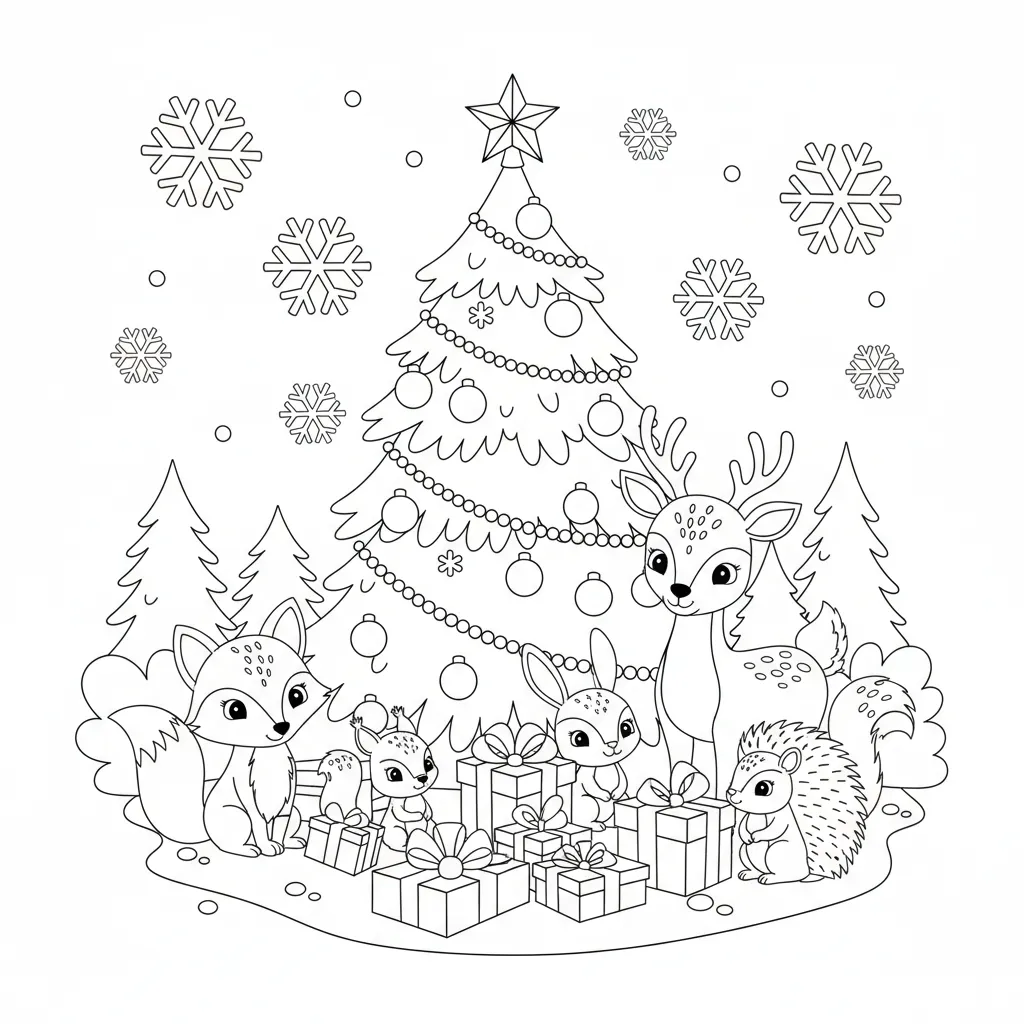 ai generated image of a christmas tree coloring page with woodland creatures gathered beneath it