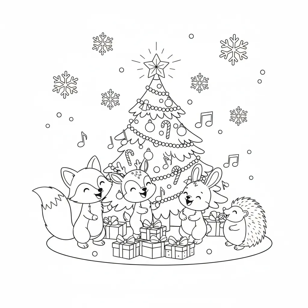 ai generated image of a christmas tree coloring page with woodland creatures singing christmas carrols in front