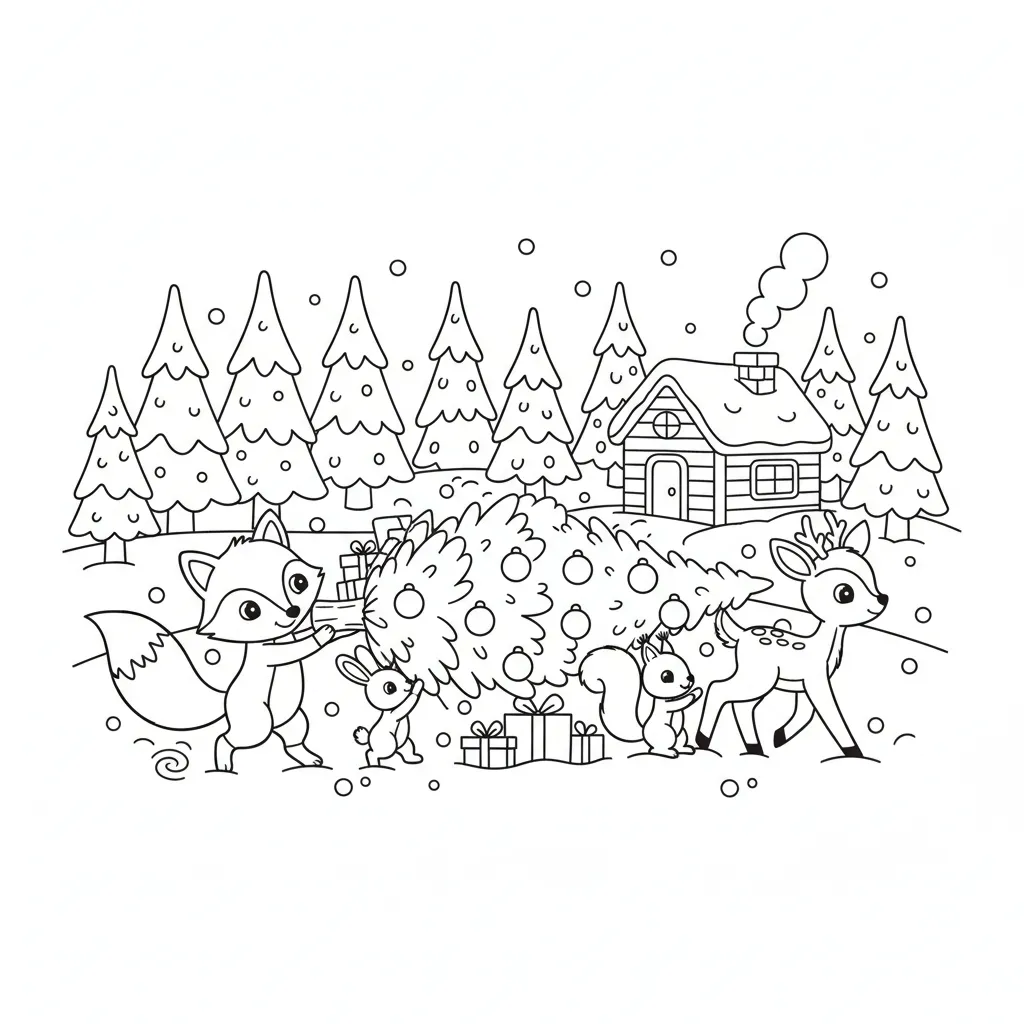 ai generated image of a christmas tree coloring page with woodland creatures carrying a tree through the snow