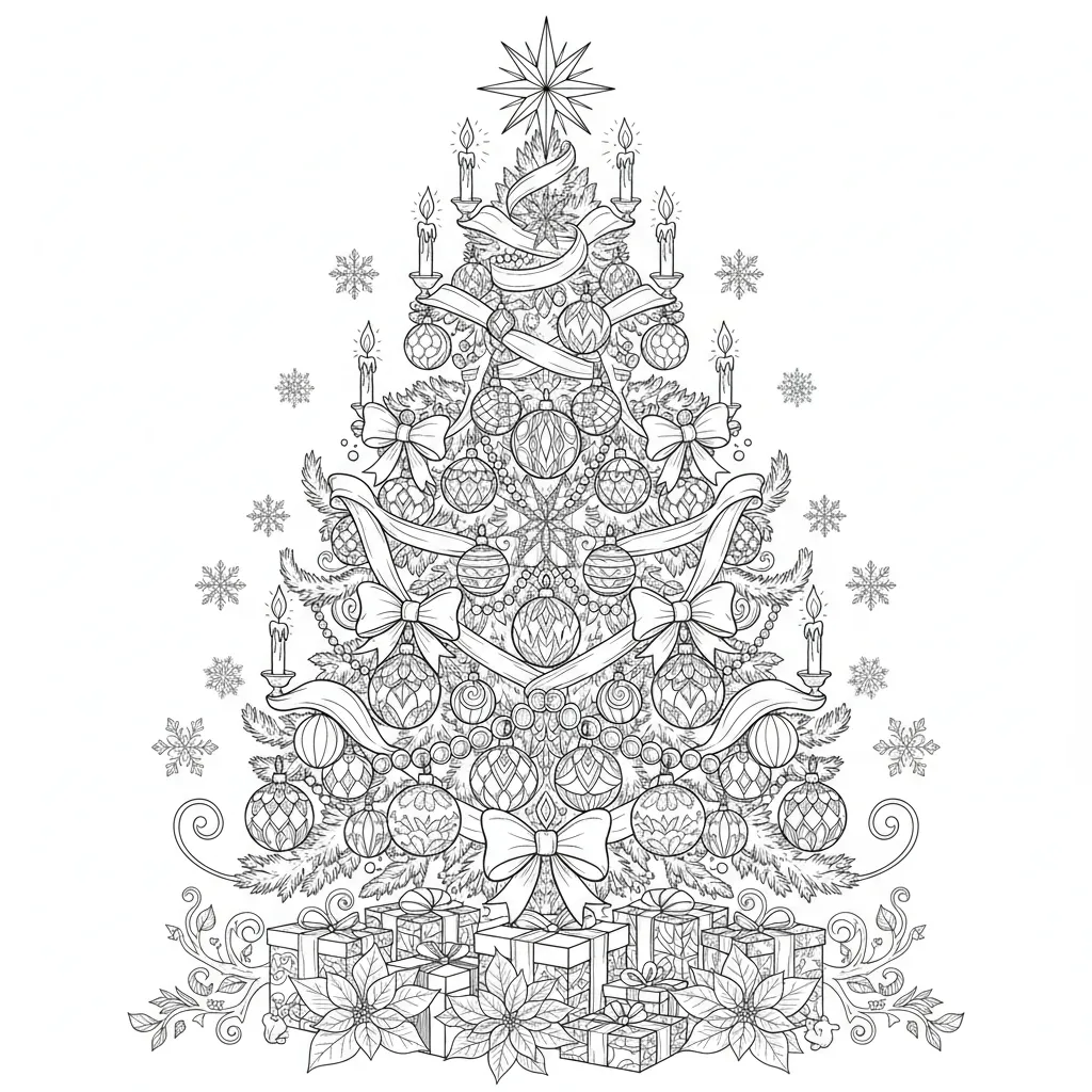 ai generated image of an intricate christmas tree coloring page