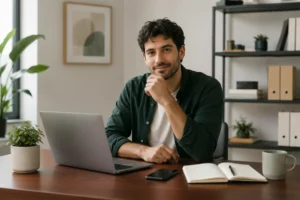 Image of a man sitting in his home office retouched to darken the color of the wooden desk.