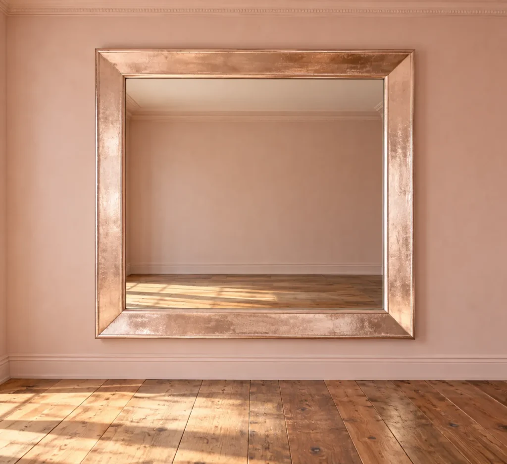 A mirror with a rose gold frame hung on a wall painted in rose gold, set against wood flooring
