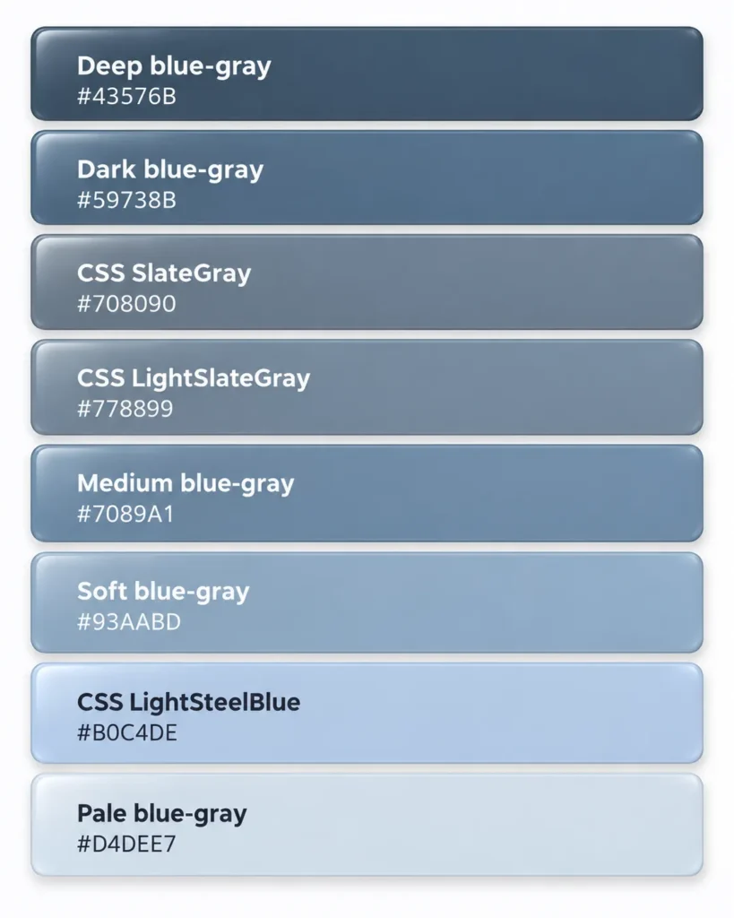 Swatches showing different shades of blue-gray with their color codes
