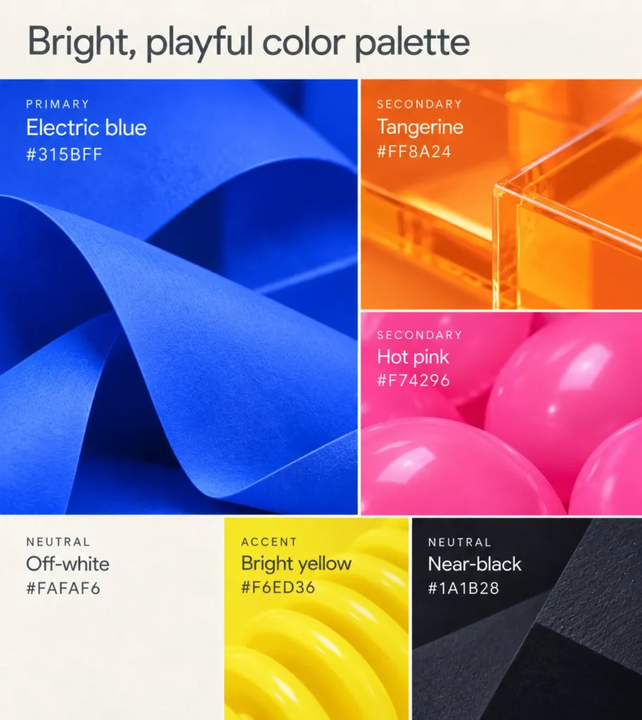 Swatches of a color palette that uses highly saturated colors and strong hue contrasts to create an energetic, playful effect.