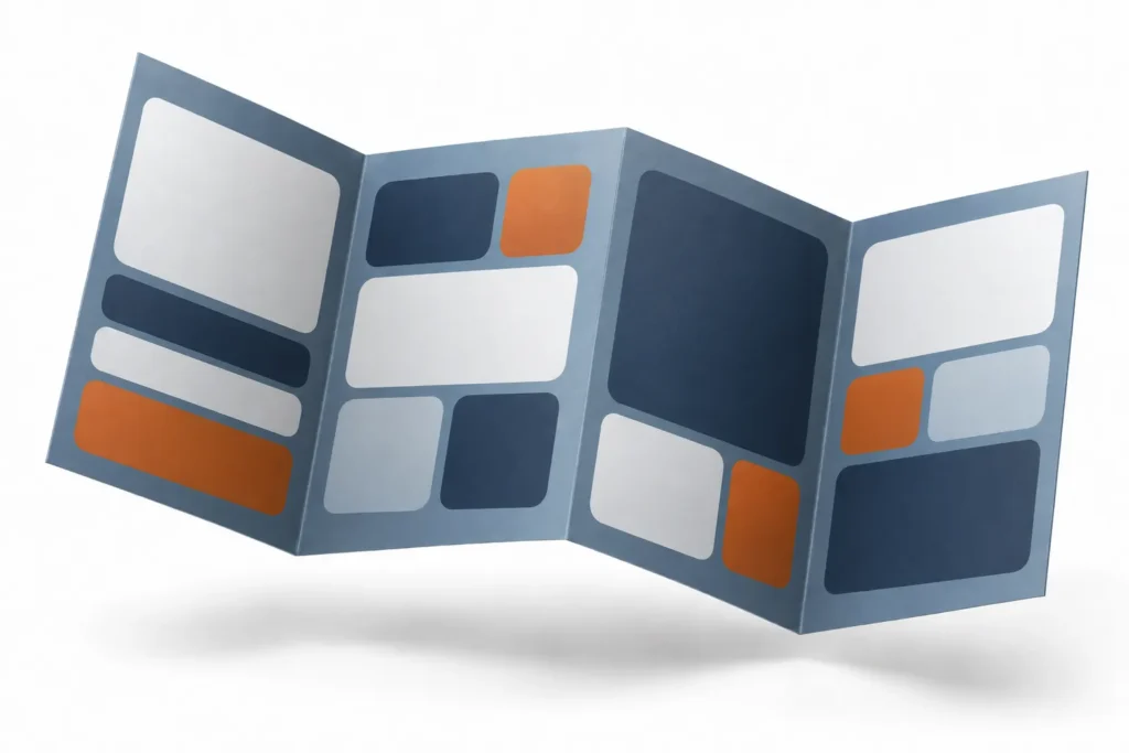 A mock-up of a brochure with a blue-grey background