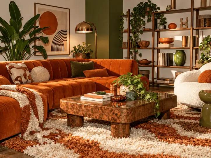 A living room decorated in a 1970s retro style with a burnt orange couch