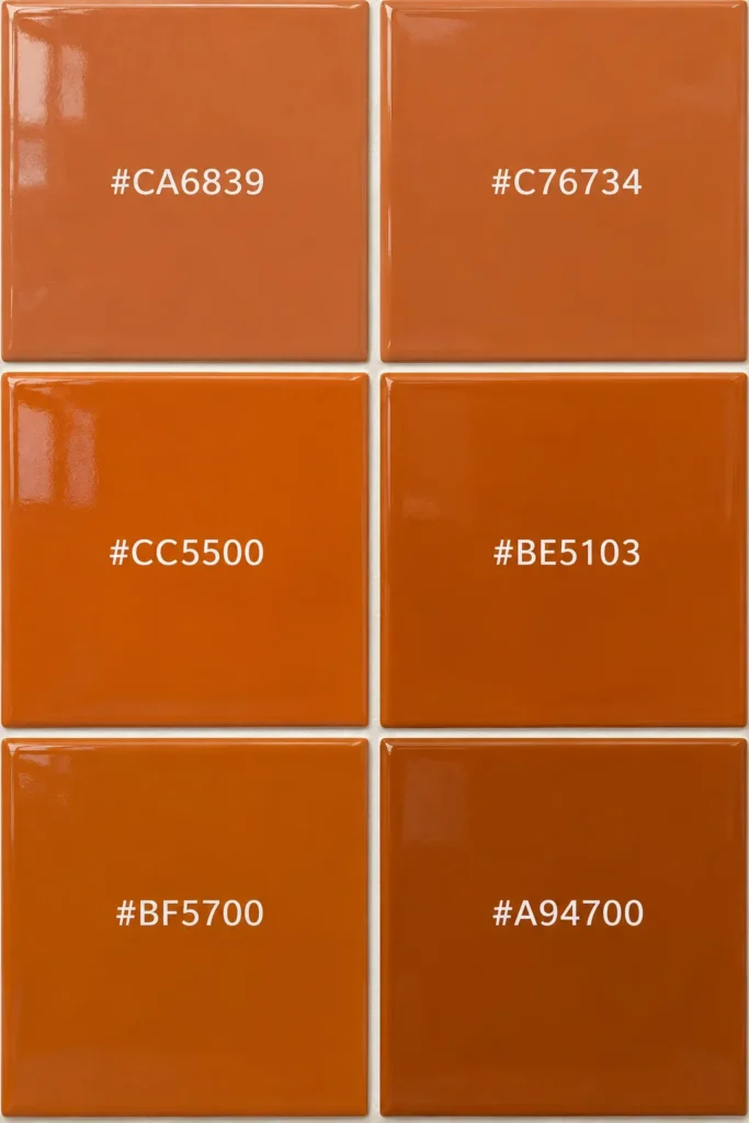 Swatches showing six different shades of burnt orange with their hex codes
