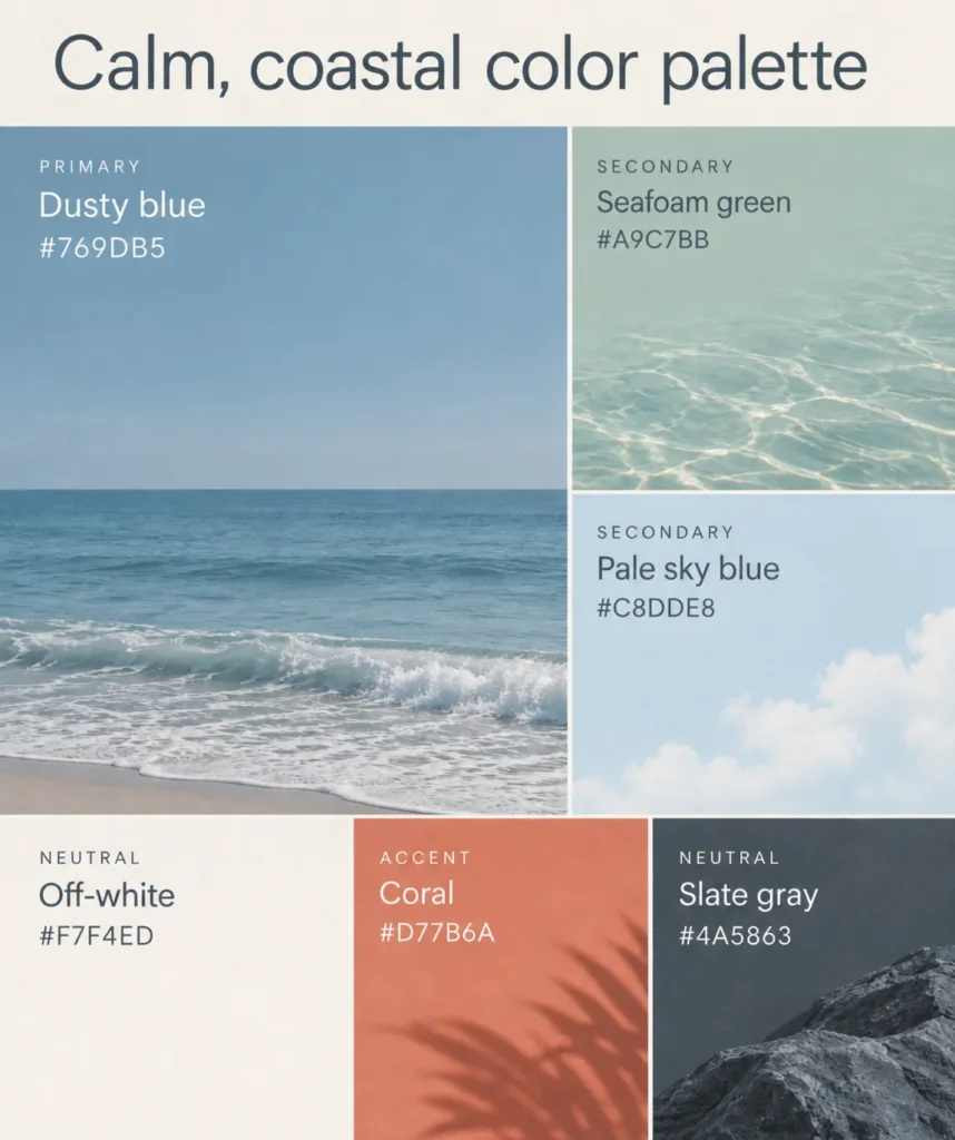 Swatches of a palette that combines analogous blue and green hues to create a peaceful, coastal atmosphere.