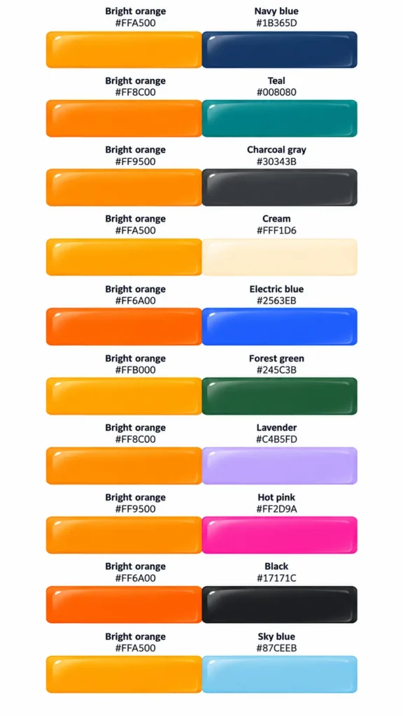 Swatches of bright orange color pairings with hex codes