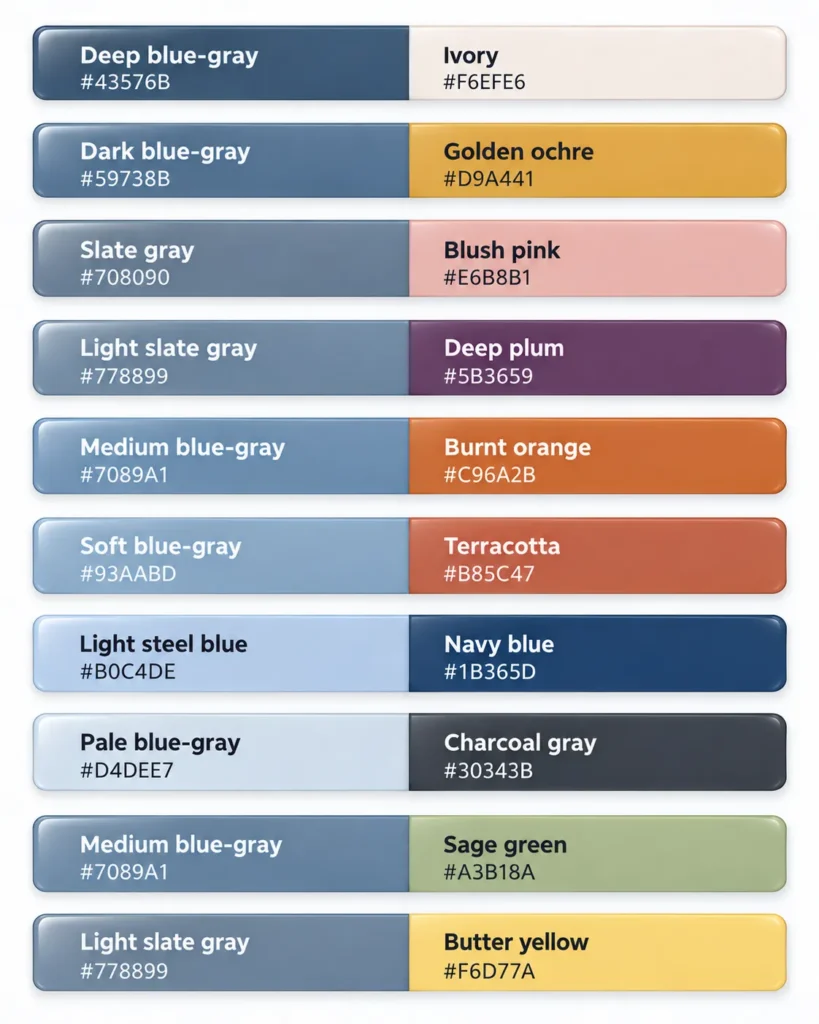 Swatches of pairing with blue-gray with their hex codes
