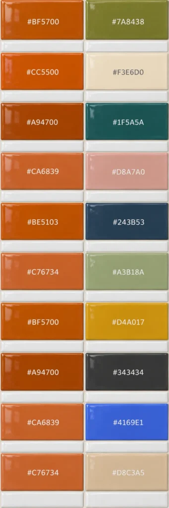 Swatches showing 10 colors paired with burnt orange, including hex codes