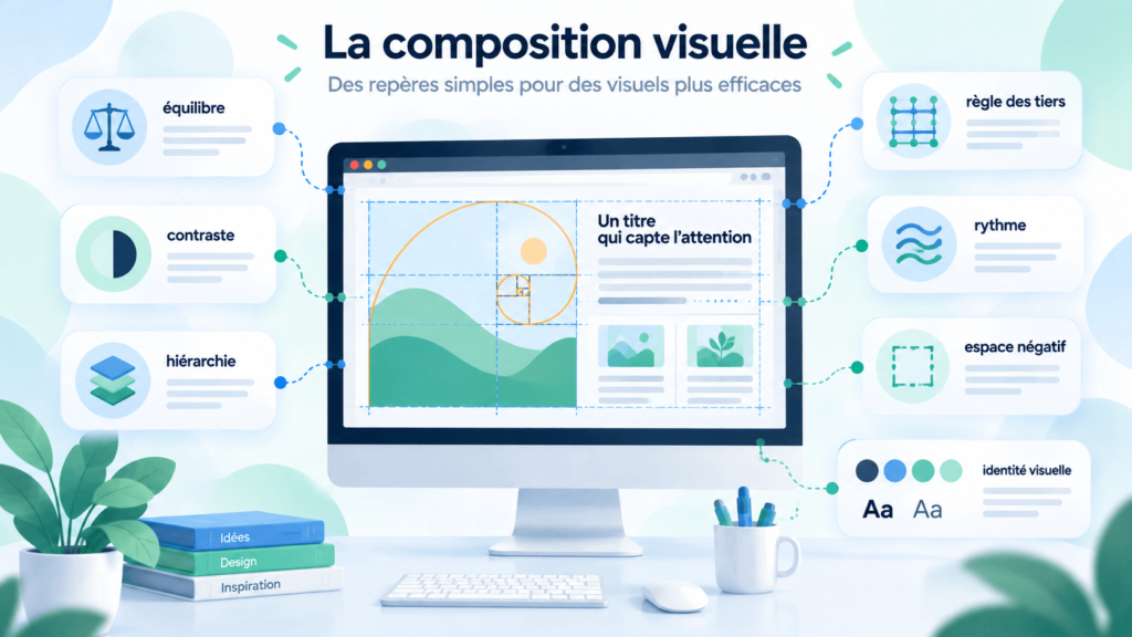 La composition visuelle désigne la manière dont les éléments d’une image (formes, couleurs, textes, espaces vides) sont placés les uns par rapport aux autres.
