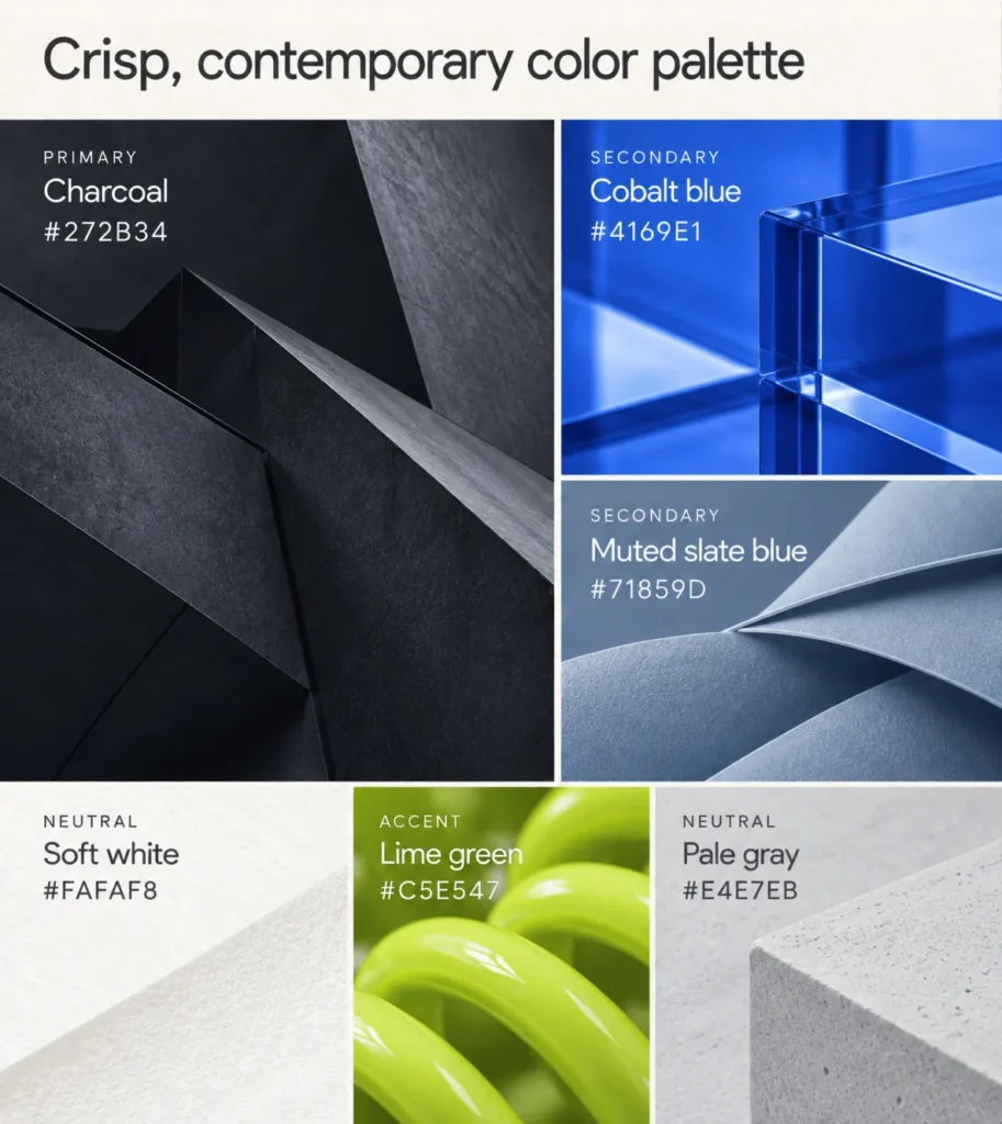 Swatches of a color palette that combines a restrained neutral foundation with cool blues and a striking lime green accent.
