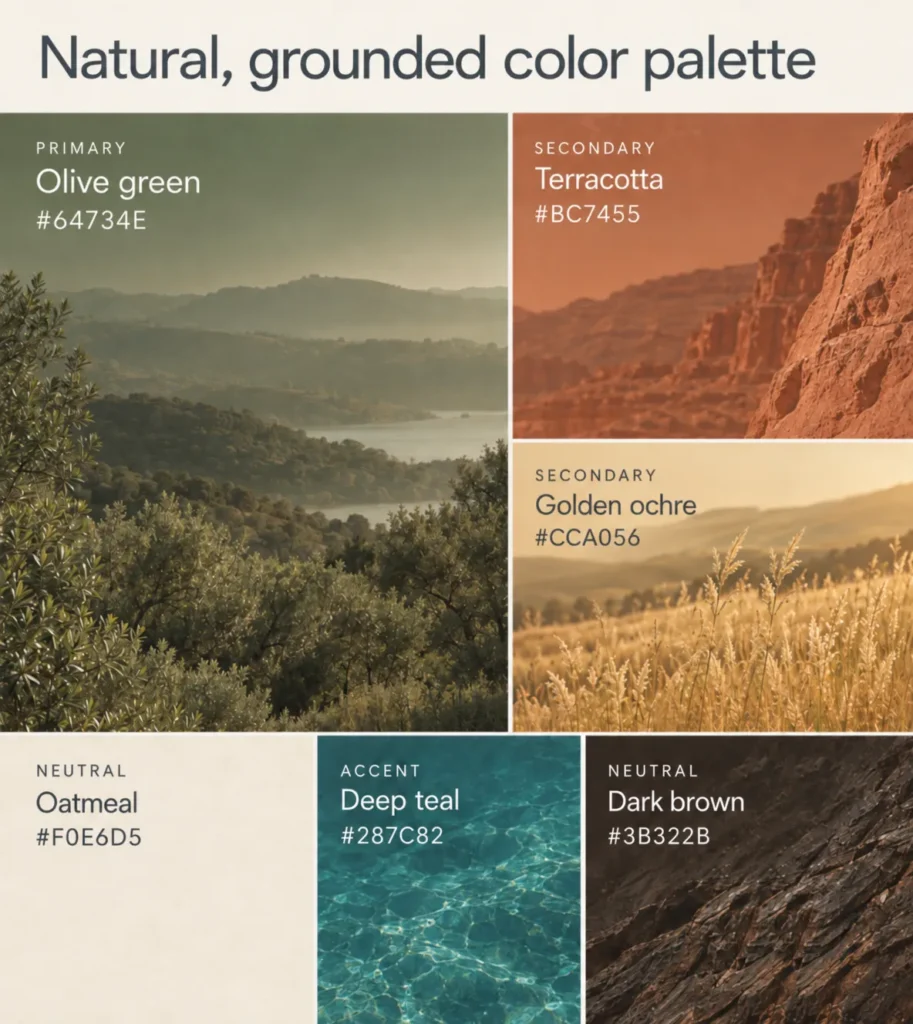 Swatches of a color palette that combines earthy, moderately muted colors to create a warm, grounded feel.