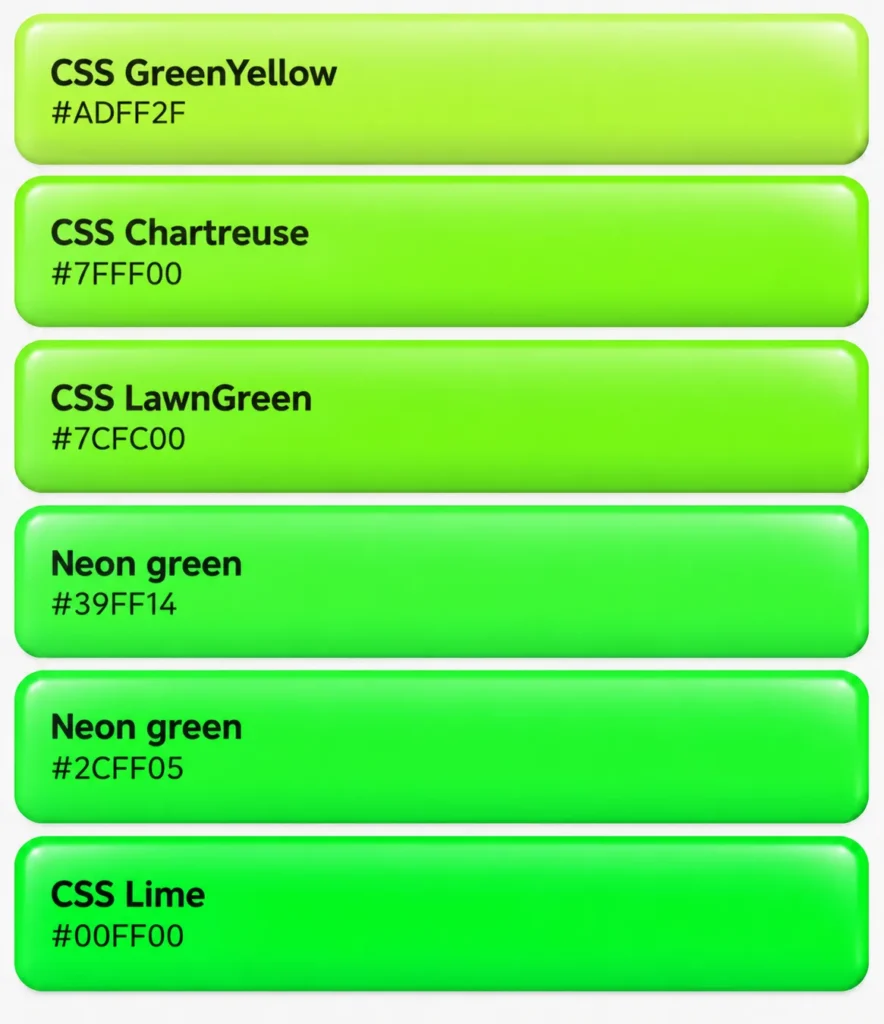 Swatches showing different shades of neon green with their hex codes