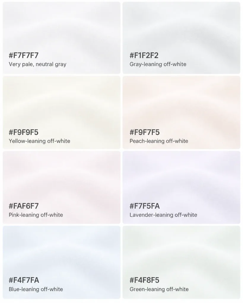 Swatches showing eight different off-white color codes