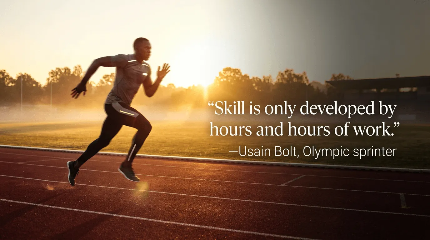 Skill is only developed by hours and hours of work. —Usain Bolt, Olympic sprinter. on an AI generated backdrop of a man running on a track