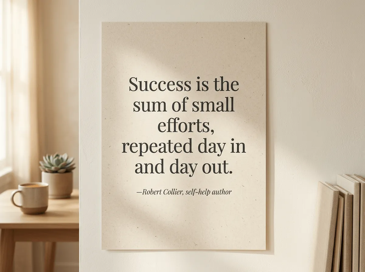 Success is the sum of small efforts, repeated day in and day out. —Robert Collier, self-help author on an AI generated backdrop of a piece of paper fixed to a wall with a coffee mug and succulent plant in the background