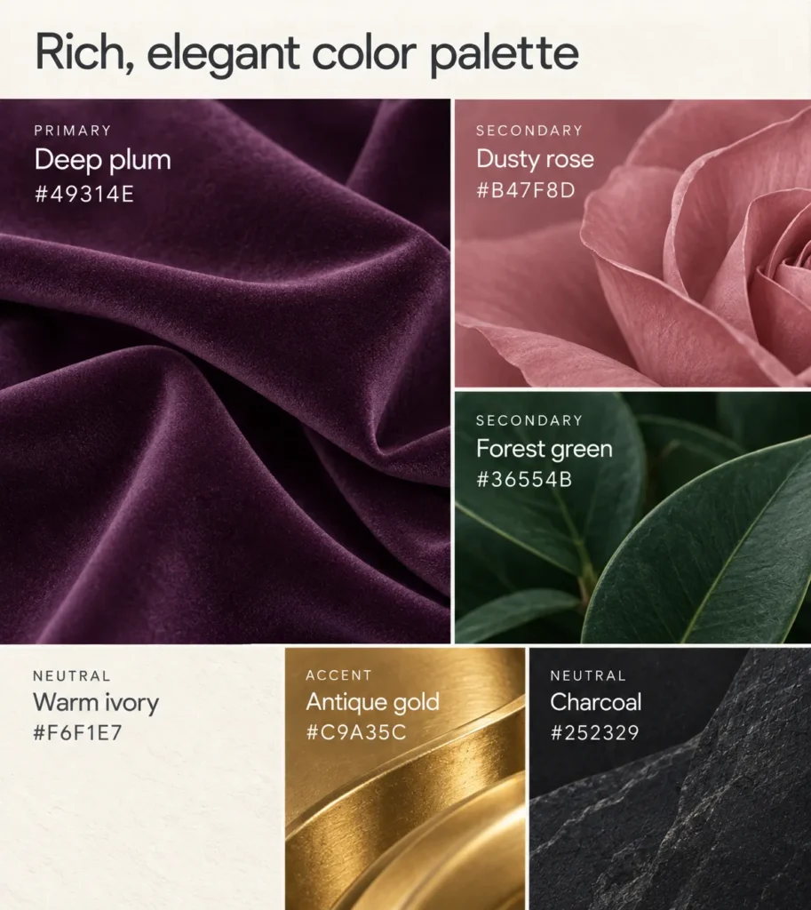Swatches of a color palette featuring deep plum, dusty rose, forest green, gold as an accent and ivory and charcoal as neutrals.