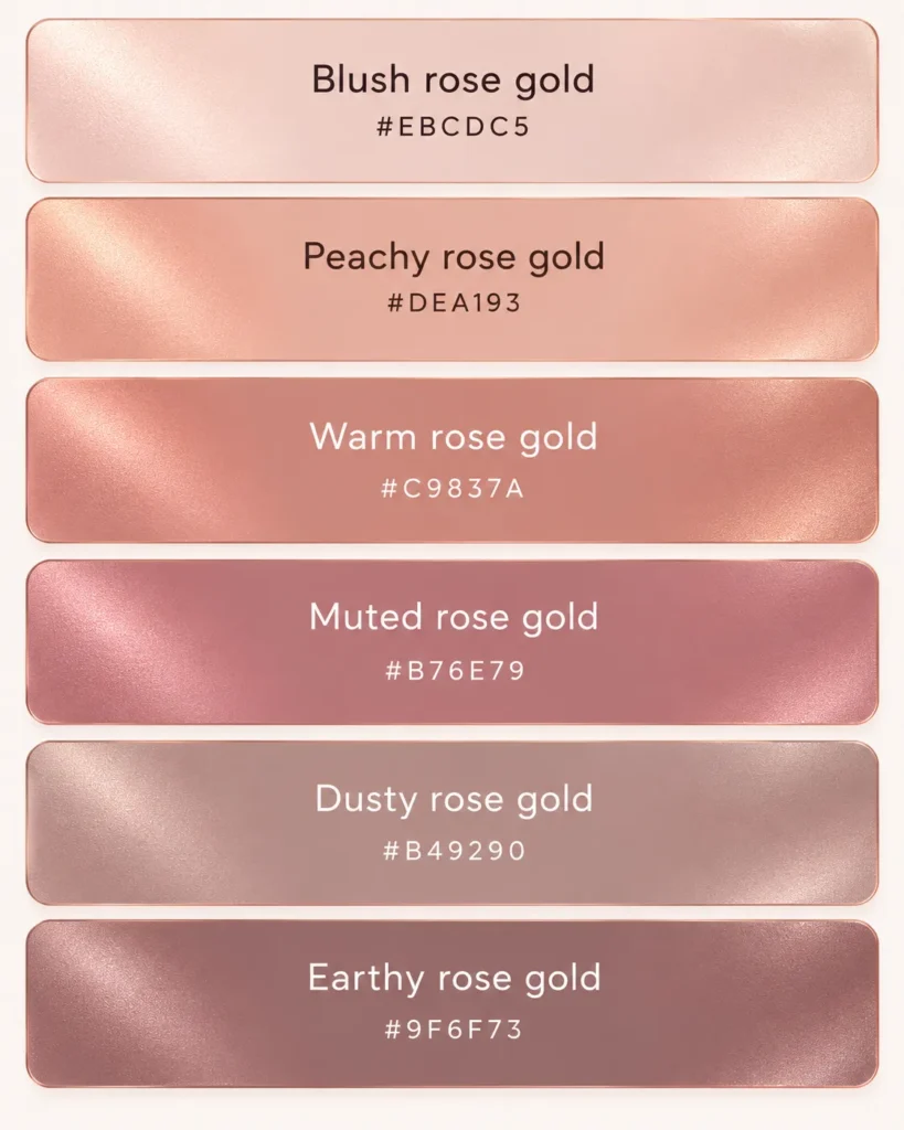 A selection of rose gold swatches with hex codes