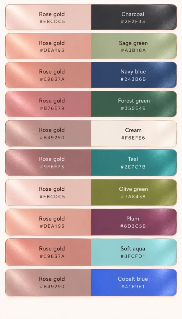 A selection of rose gold color combination swatches with hex codes