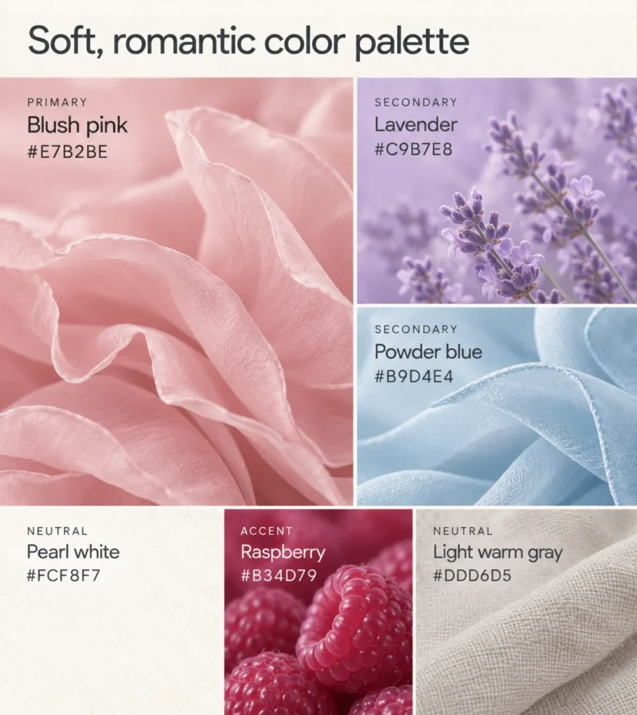 Swatches of a color palette of that combines light, soft colors to create a delicate, romantic atmosphere.