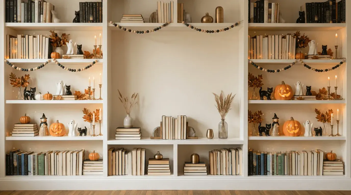 An AI-generated Halloween Zoom background of a bookshelf decorated for Halloween