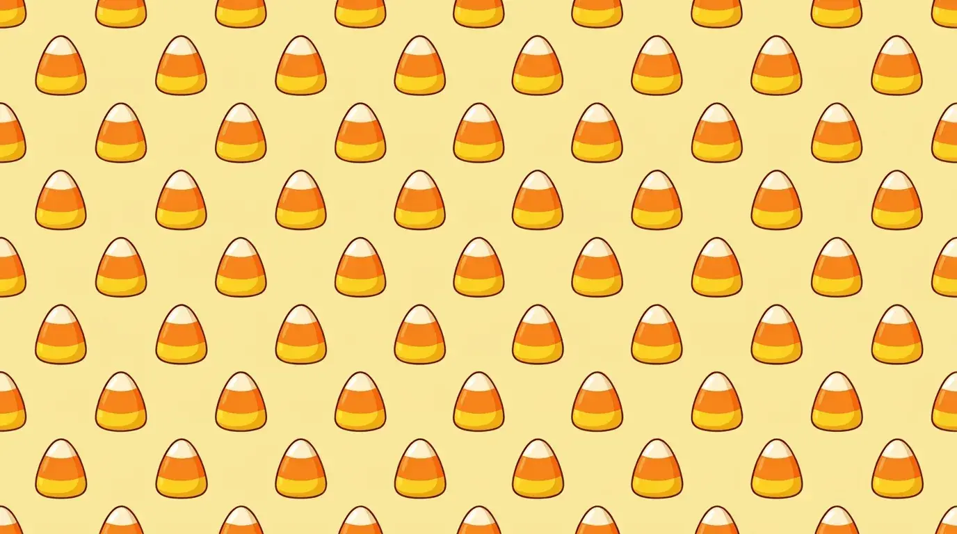 An AI-generated Halloween Zoom background of a pattern of cartoon candy corn on a pastel yellow background