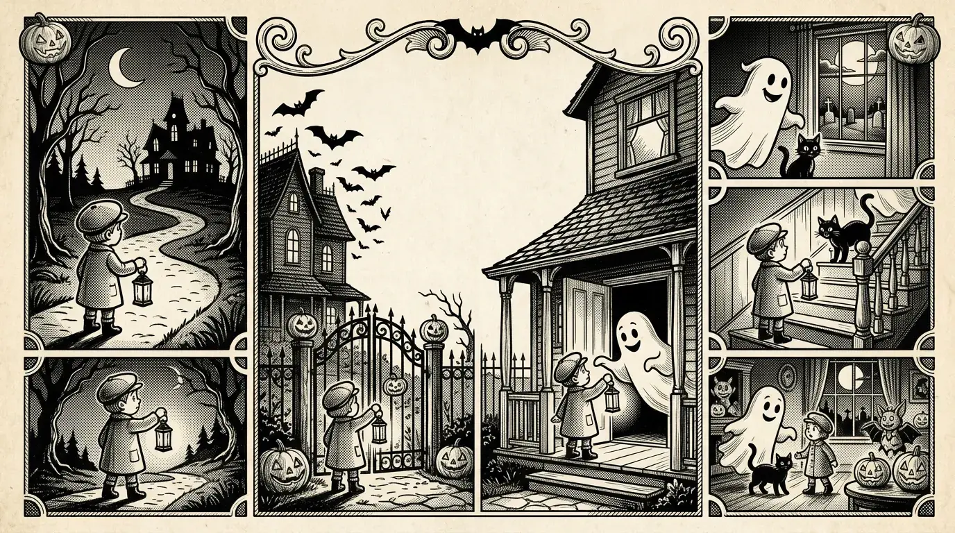An AI-generated Halloween Zoom background of a vintage comic strip showing a Halloween story about a boy, a ghost, and a black cat