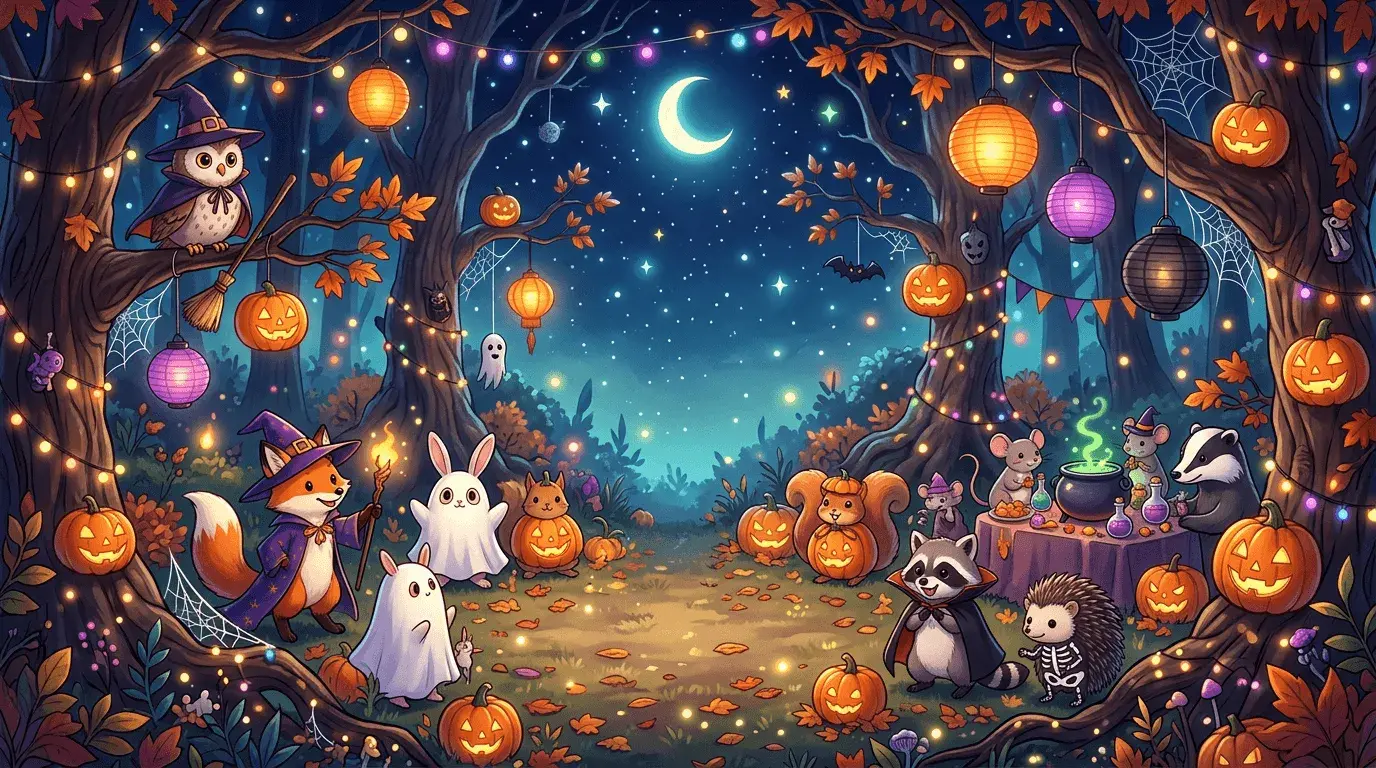 An AI-generated Halloween Zoom background of woodland critters dressed in costumes at a Halloween party