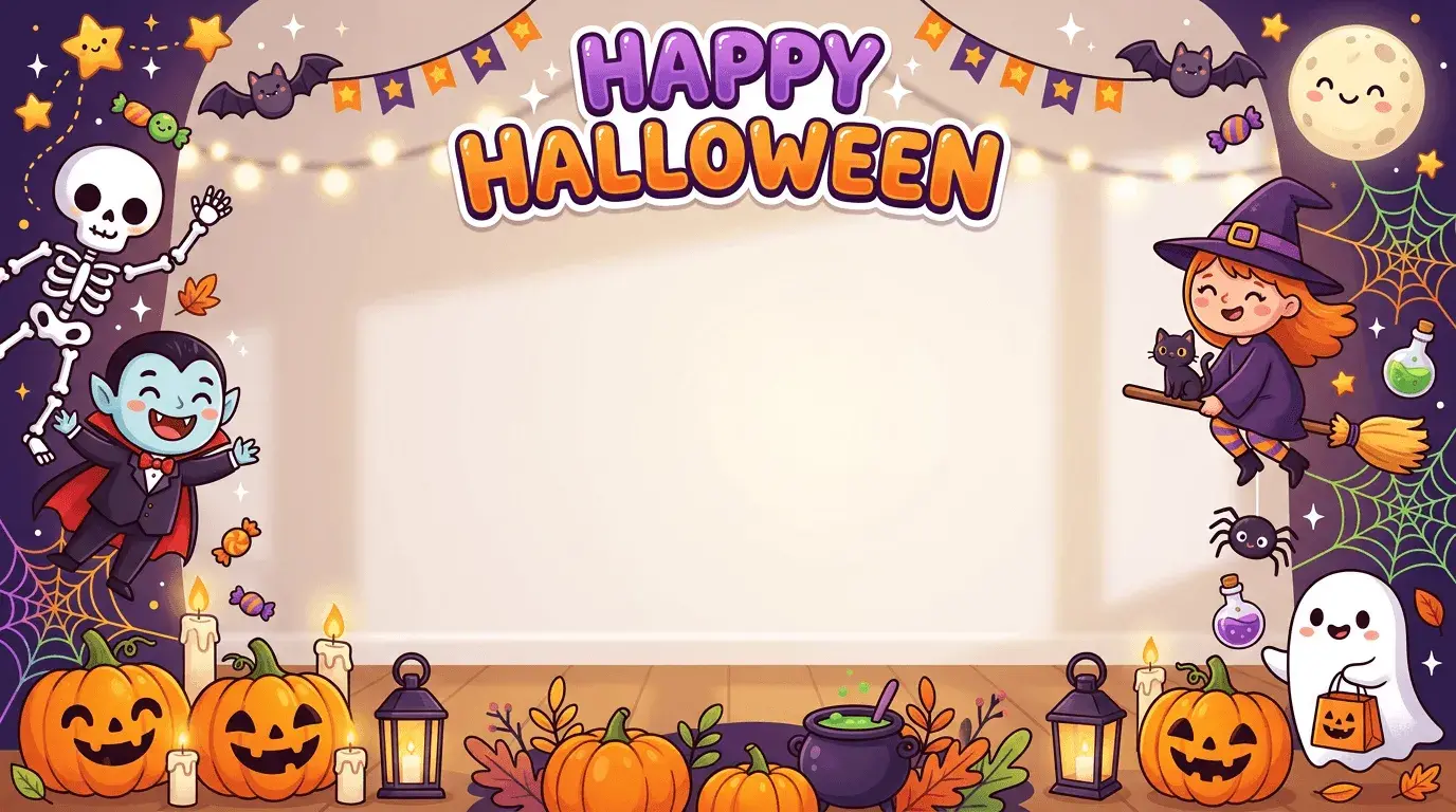 An AI-generated Halloween Zoom background of cute Halloween creatures and a Happy Halloween message
