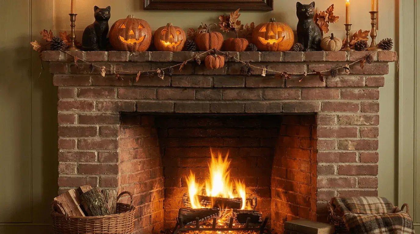 An AI-generated Halloween Zoom background of a fireplace with the mantel decorated with vintage Halloween decorations