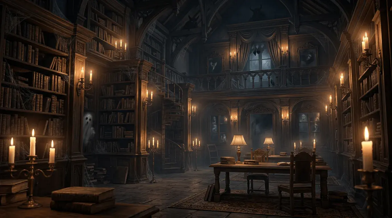 An AI-generated Halloween Zoom background of a haunted library