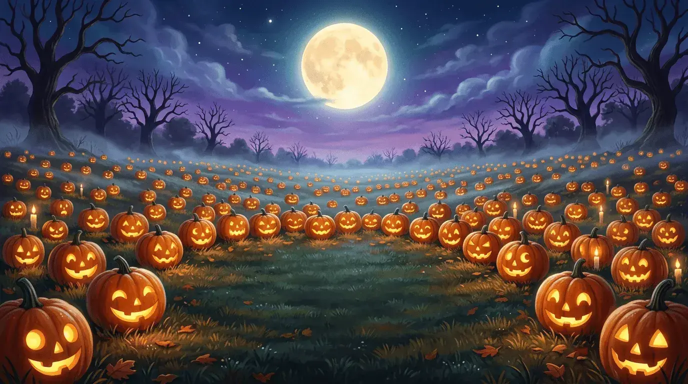 An AI-generated Halloween Zoom background of cartoon jack-o-lanterns in a field under a full moon
