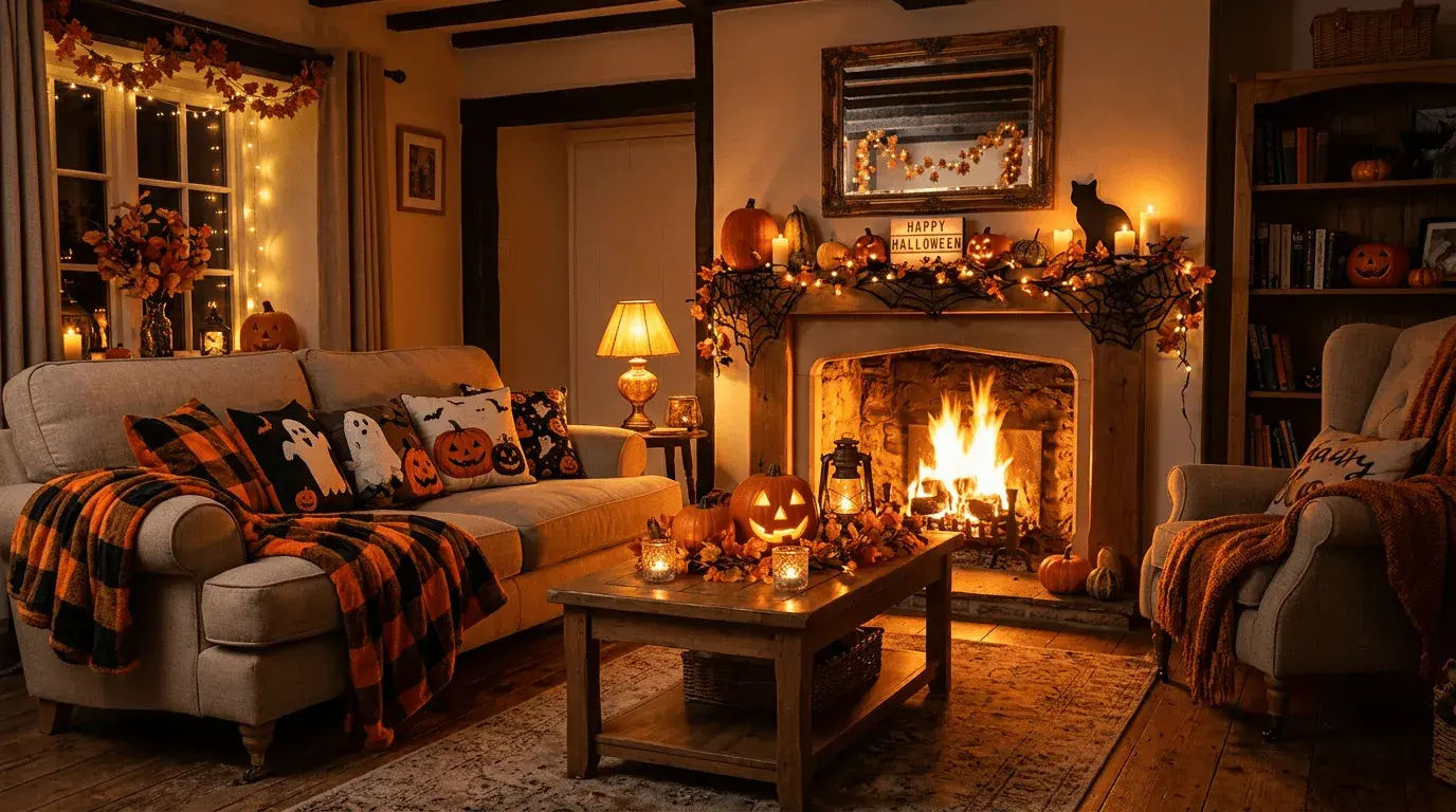 An AI-generated Halloween Zoom background of a cozy living room decorated for Halloween
