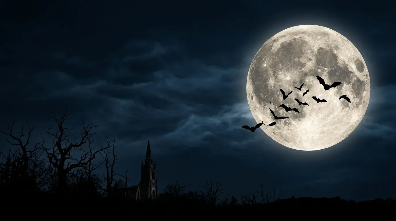 An AI-generated Halloween Zoom background of bats silhouetted against a bright, full moon