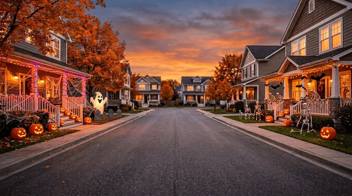 An AI-generated Halloween Zoom background of a suburban street with houses decorated for Halloween