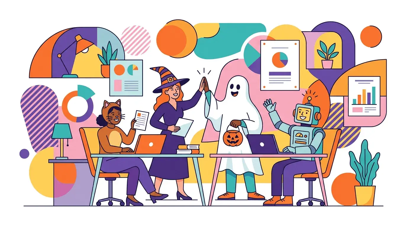 An AI-generated Halloween Zoom background of office workers dressed up for Halloween rendered in corporate Memphis style