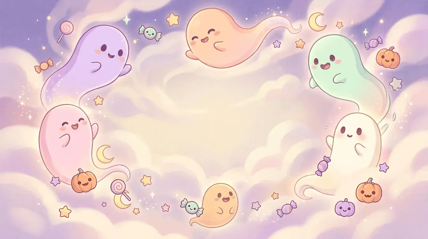 An AI-generated Halloween Zoom background of pastel ghosts swirling around a pastel sky