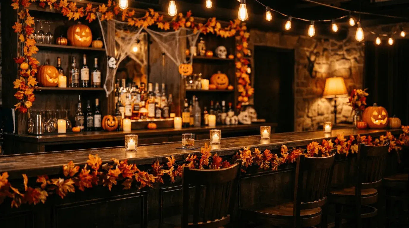 An AI-generated Halloween Zoom background of a pub decorated for Halloween