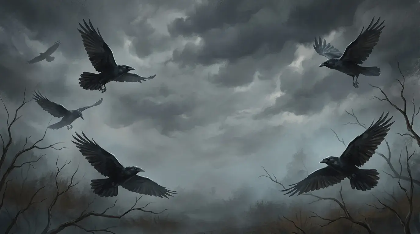 An AI-generated Halloween Zoom background of ravens soaring in a gray, cloudy sky