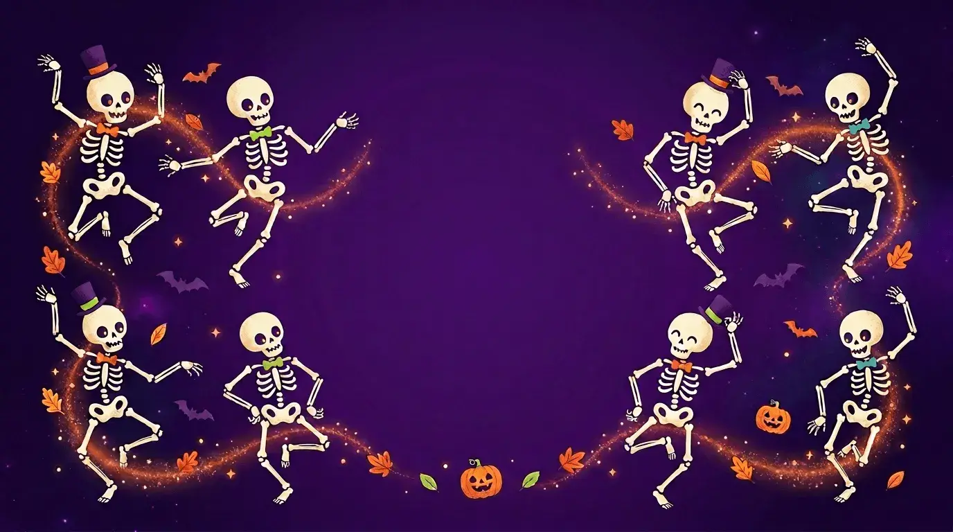 An AI-generated Halloween Zoom background of dancing skeletons on a purple background
